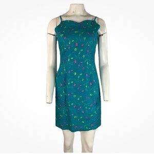 Vintage Y2K Althuser Sz 6 Canvas Floral Embroidered Slip Dress Aqua Green
